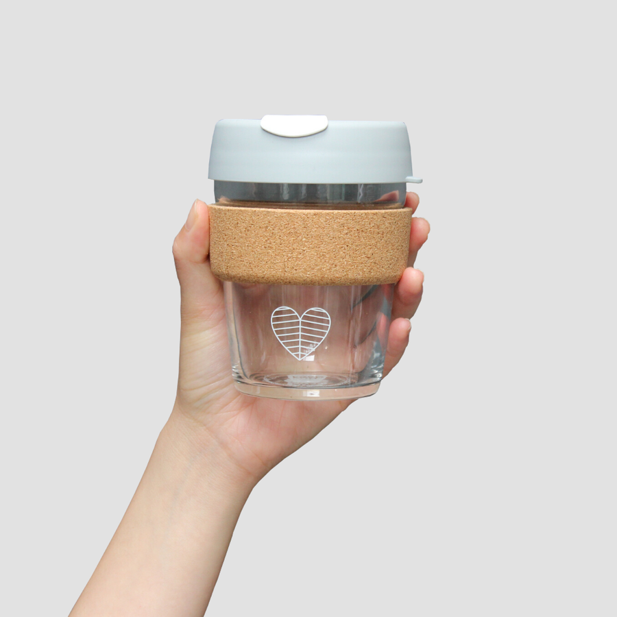 Leaves House<br>Glass Cork Reusable Cup<br>Grey and White